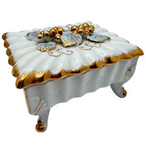 Enesco Gold White Porcelain Decorative Trinket Box Grape Cluster Vintage